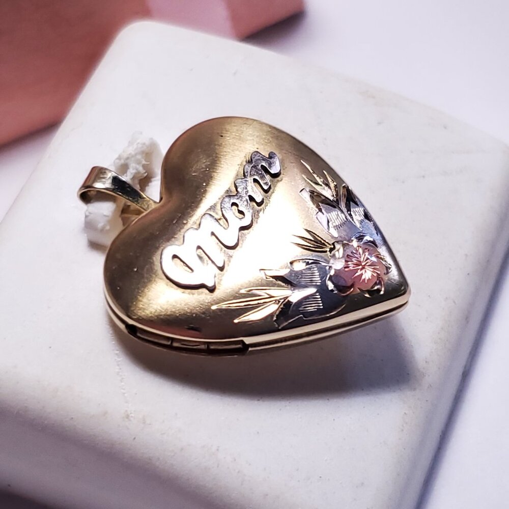 Estate 3/4" X 3/4" MOM and Flowers 14Kt Tri-Color Heart Locket Pendant #22143